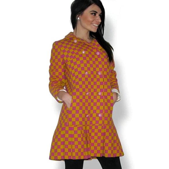 Authentic Vintage 1960s Psychedelic Pink / Yellow Checkered Coat - One Of A Kind - Picture 1 of 5